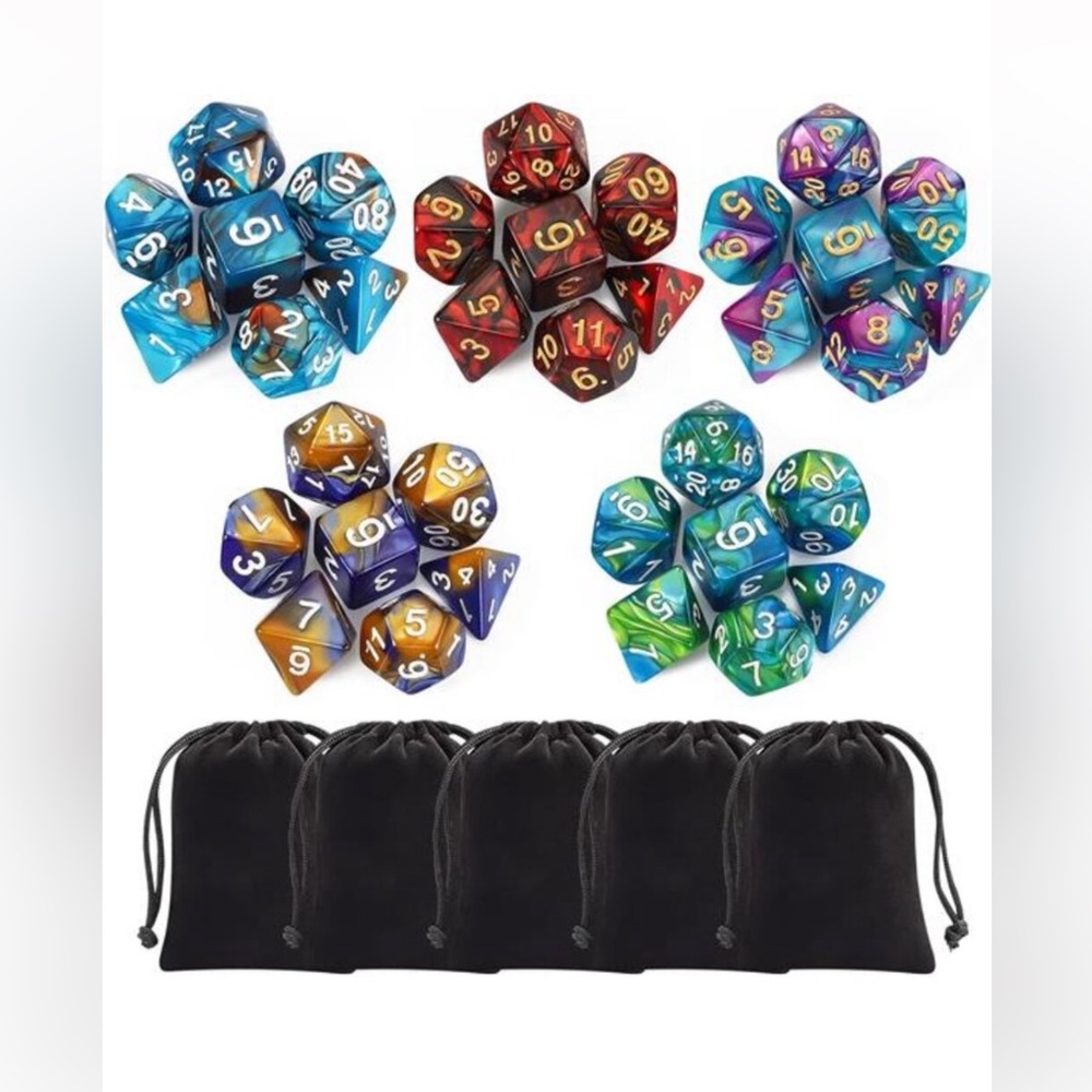 Polyhedral Dice Set (35 Pieces) with Black Pouches, 5 Complete Double-Colors